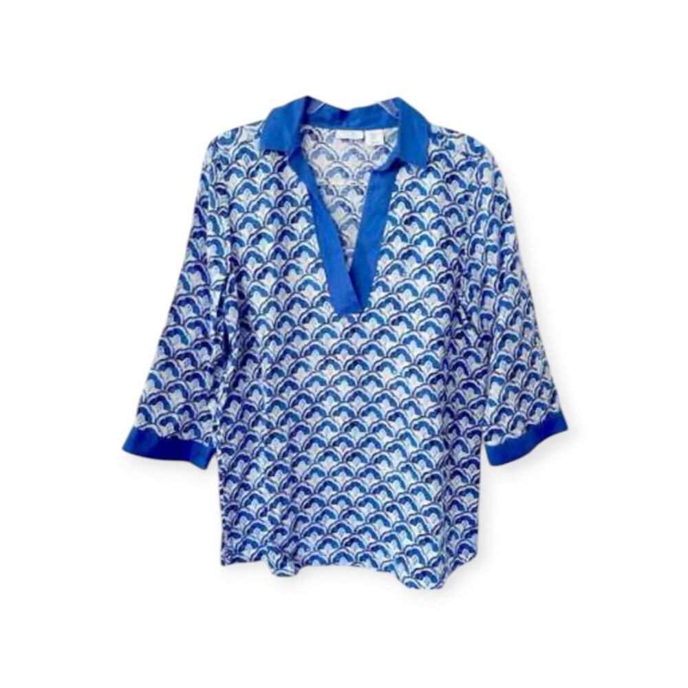 Sigrid Olsen 100% Linen Blue/White Print 3/4 Sleeve Popover Top Blouse Size MED - Picture 2 of 8